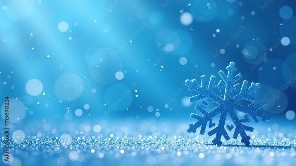 Macro of icy snowflake on blue background with lots of bokeh. Atmospheric winter background. Banner. There is space for text. Macro of icy snowflake on blue background with lots of bokeh. Atmospheric winter background. Banner. There is space for text.
