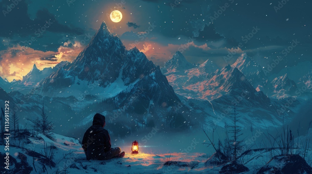 Solitary figure with lantern admires snowy mountain range under a full moon at night. Solitary figure with lantern admires snowy mountain range under a full moon at night.