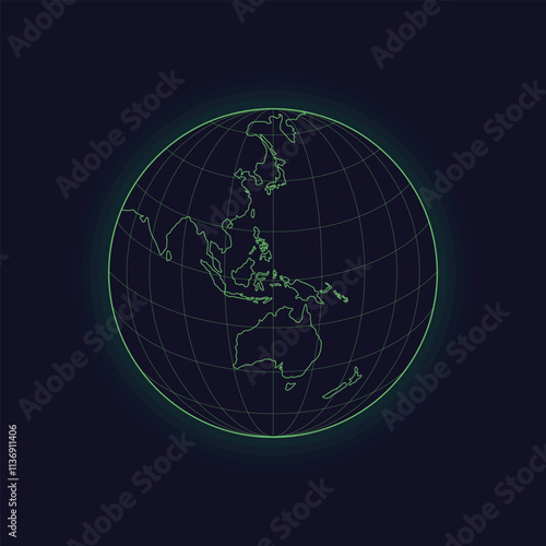 World globe. Futuristic globe map isolated on white background. Asia, Oceania. Cyberpunk sphere. Earth globe icon. Vector illustration