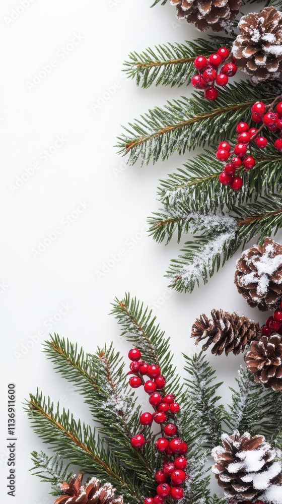 Snowcovered fir branches and berries christmas border flat lay Snowcovered fir branches and berries christmas border flat lay