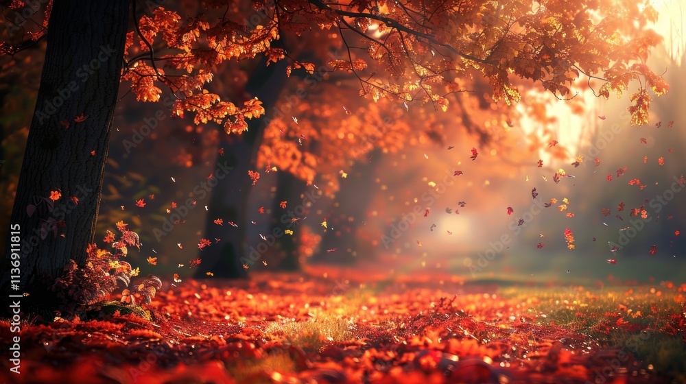 Sunlit autumn forest with red leaves falling. Sunlit autumn forest with red leaves falling.