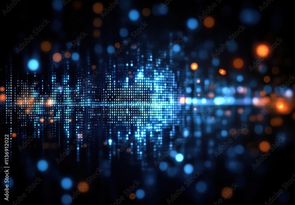 Digital data and binary code background with blurred city lights in the dark Digital data and binary code background with blurred city lights in the dark