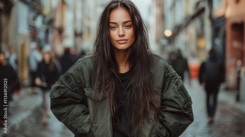 Fototapeta premium Portrait of a young woman with a powerful gaze in a bustling street setting, embodying strength and style while accentuating her grace and confident demeanor.