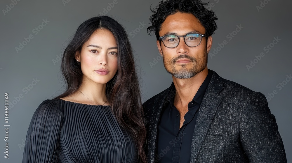 A confident couple stands poised, exuding elegance and sophistication, their expressions conveying depth and connection against a neutral gray background. A confident couple stands poised, exuding elegance and sophistication, their expressions conveying depth and connection against a neutral gray background.