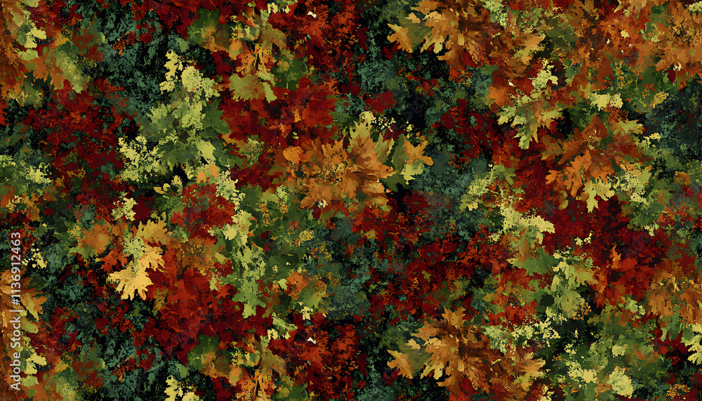 Vibrant autumnal leaf pattern; rich reds, oranges, greens & yellows on a dark background. Ideal for textile design, wallpaper or seasonal decor. Vibrant autumnal leaf pattern; rich reds, oranges, greens & yellows on a dark background. Ideal for textile design, wallpaper or seasonal decor.