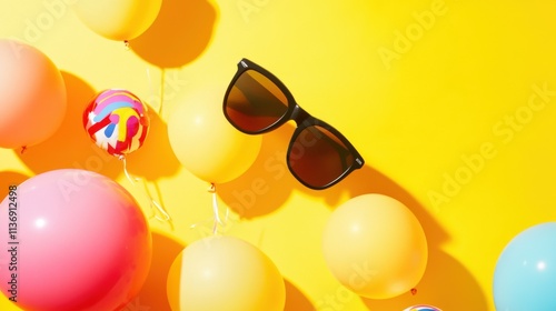 A whimsical and playful April Fools' Day scene with a colorful assortment of prank items and cheerful balloons against a lively yellow background, close-up shot, Minimalist style photo