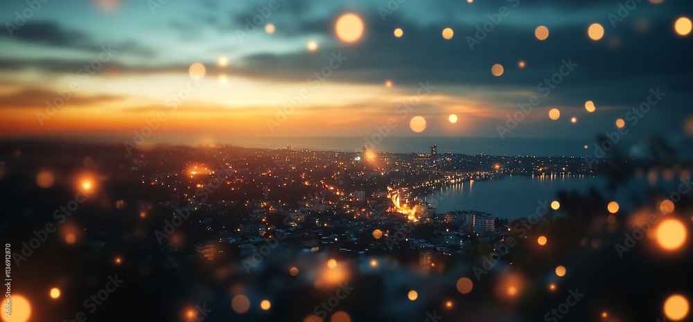 Magical sunset over coastal city lights.