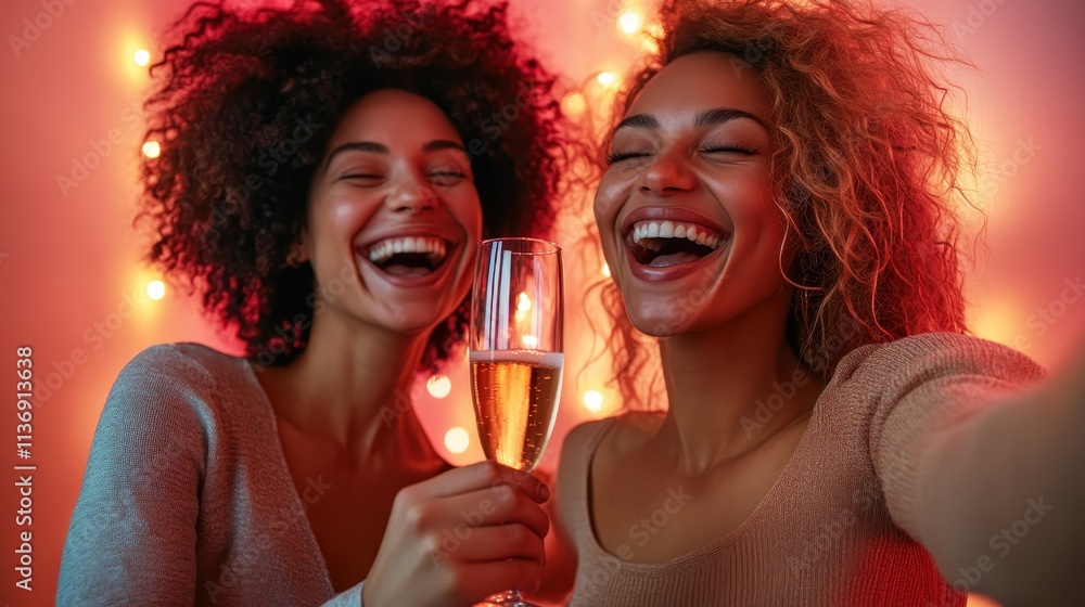 This image portrays two friends laughing joyfully and toasting with champagne glasses against a background of glowing lights, representing friendship and celebration. This image portrays two friends laughing joyfully and toasting with champagne glasses against a background of glowing lights, representing friendship and celebration.