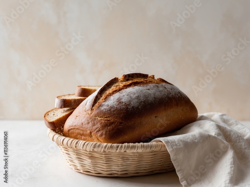 Freshly Baked Sourdough Bread Loaf with Slices in a Woven Basket on a Light Textured Background photo