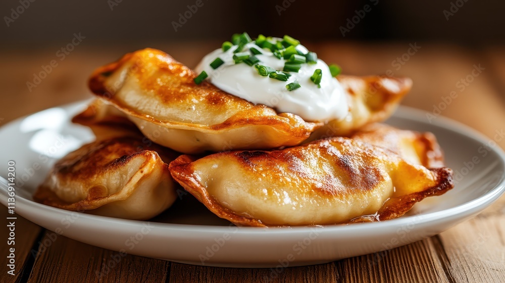 A white plate holds a pile of delicious golden-brown fried dumplings adorned with fresh chives and sour cream, capturing the allure of comfort food at its finest.