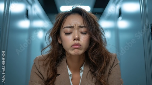 Free Download A woman in a suit appears overwhelmed and anxious, with furrowed brows, as she stands in a modern office environment, portraying the stress of corporate life. - GFXLoad