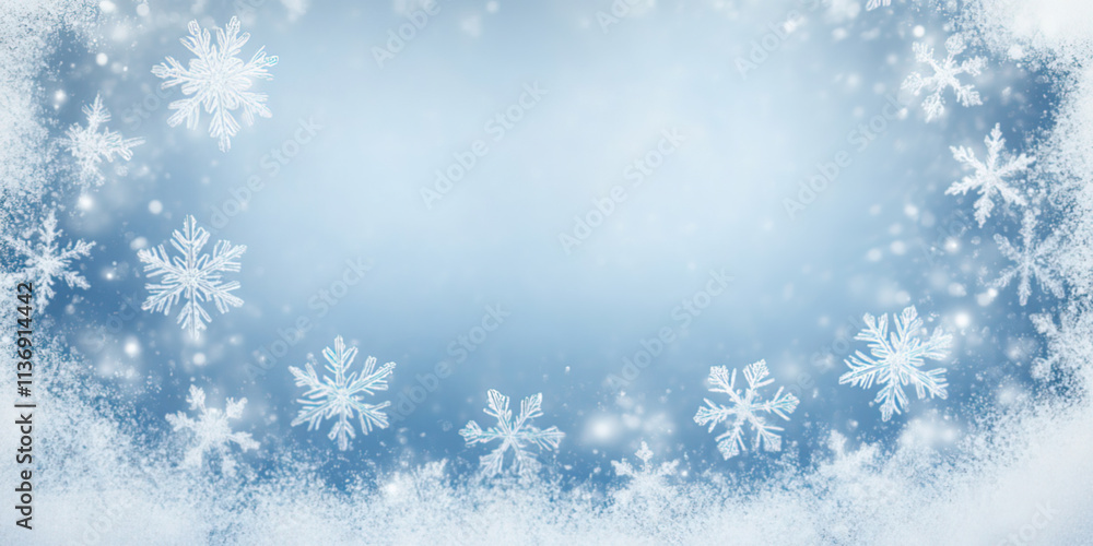 Frame made of snow with snowflakes and ice crystals on blue background, top view with space for text Frame made of snow with snowflakes and ice crystals on blue background, top view with space for text