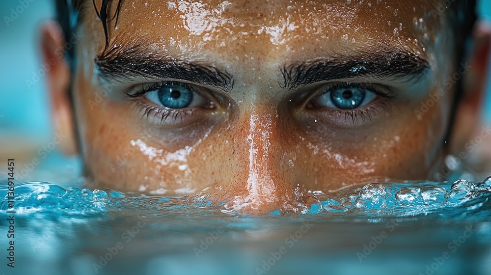 Fototapeta premium Close-up of a young man's eyes partially submerged in water, highlighting emotion and clarity.