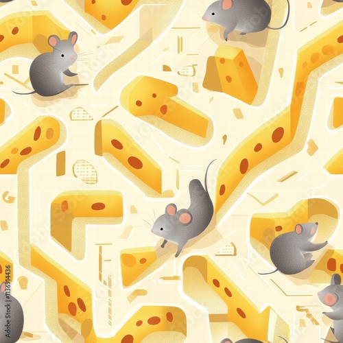 Charming mice navigate a delightful maze of cheese, bringing life and joy to a quirky seamless pattern filled with adventure. Generative AI photo