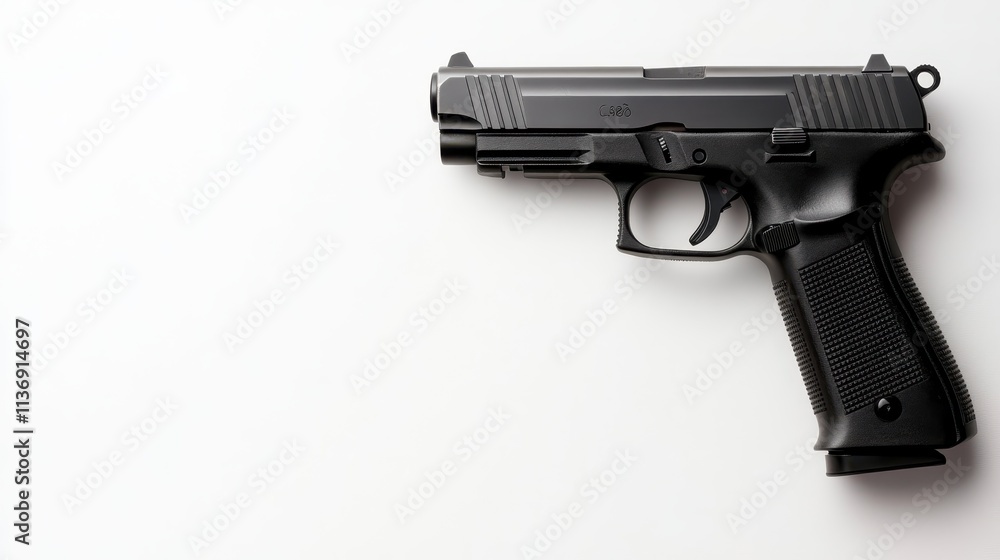 This image features a black semi-automatic handgun placed on a stark white background, illustrating themes of power, simplicity, and modern design with precision elements. This image features a black semi-automatic handgun placed on a stark white background, illustrating themes of power, simplicity, and modern design with precision elements.
