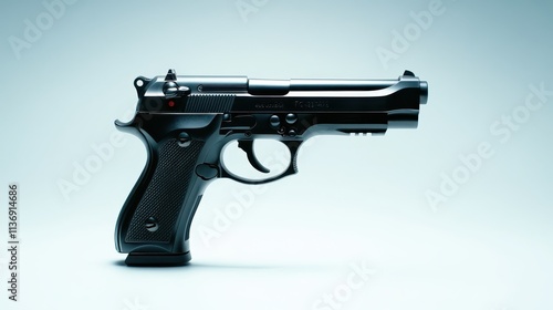 A high-quality image showcasing a sleek black pistol on a clean background, emphasizing its detailed shadow and light reflections on the metal surface.