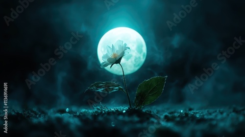 A mystical scene of a single flower under a vivid, glowing full moon, set against a moody blue background, capturing the essence of nocturnal beauty and serenity. photo