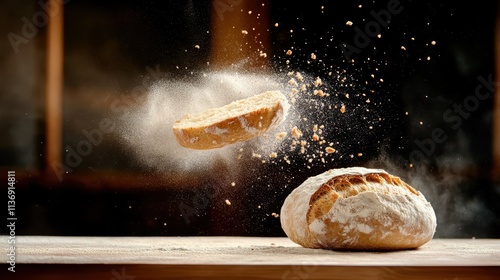 A single bread slice hovers delicately above a loaf on a wooden surface, with dynamic flour particles adding energy and flair to the kitchen-focused scene. photo