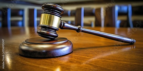 A Gavel on a Wooden Table Ready for Courtroom Use - Symbol of Justice and Authority, Generative Ai photo