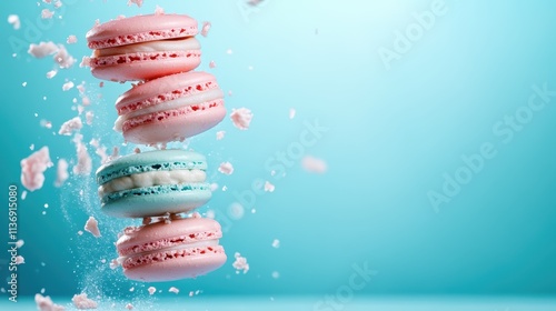 An exquisite set of blue and pink macarons appearing to float amidst a cheerful ambiance, conveying a sense of joy and levity with their picturesque elegance. photo