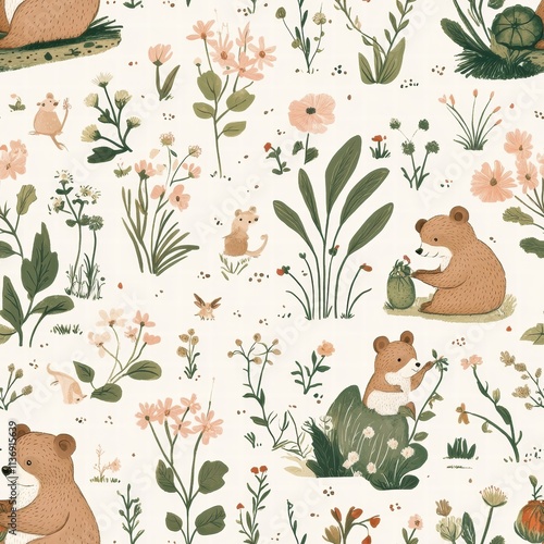 Cute bears and tiny mice frolic among vibrant flowers in a whimsical nature-inspired seamless pattern, perfect for any creative project. Generative AI