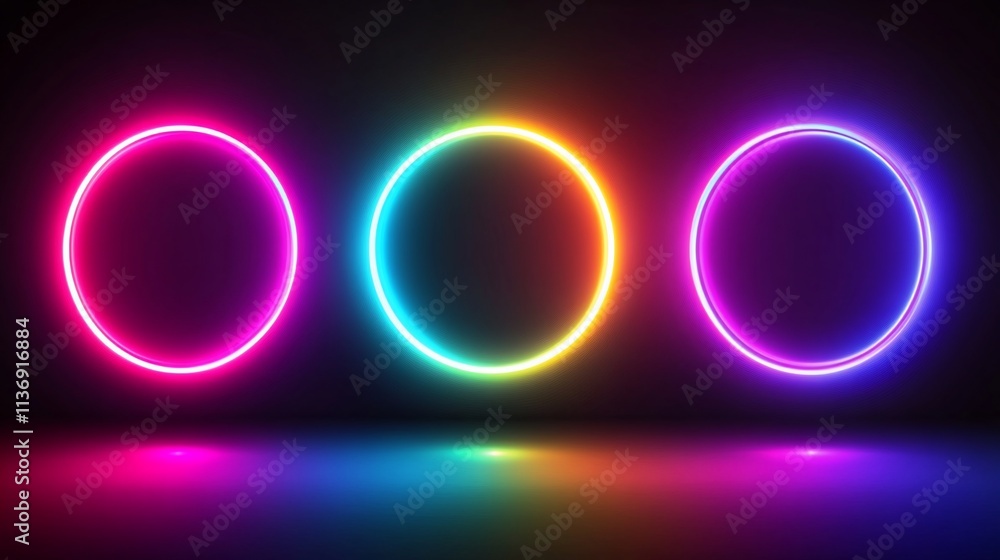 Three vibrant neon circles on dark background. Three vibrant neon circles on dark background.