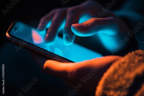 Point finger on screen phone closeup, person testing test message, touch blue screen on smartphone. Night Bokeh Light. Close-UP. Person using in hands mobile phone close up in the dark. Online wi-fi photo