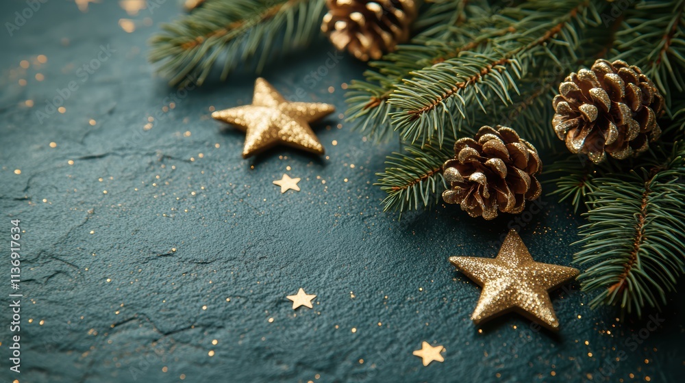 Starry christmas background with pine branches and golden stars Starry christmas background with pine branches and golden stars