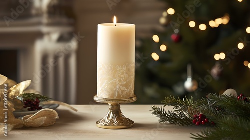 Festive Christmas Candle with Elegant Decor in Horizontal Format