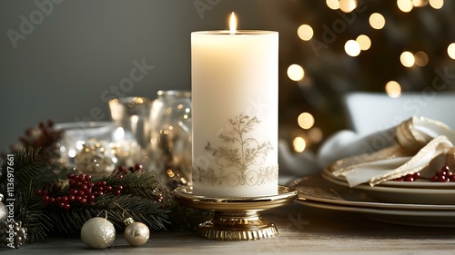 Festive Christmas Candle with Elegant Decor in Horizontal Format