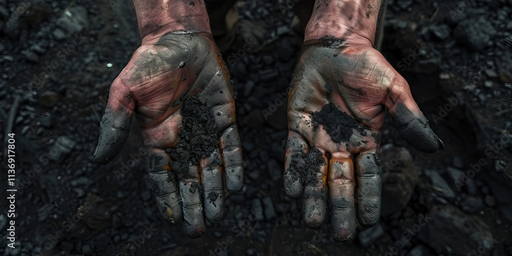 Coal-Soiled Hands Against Coal Background Coal-Soiled Hands Against Coal Background