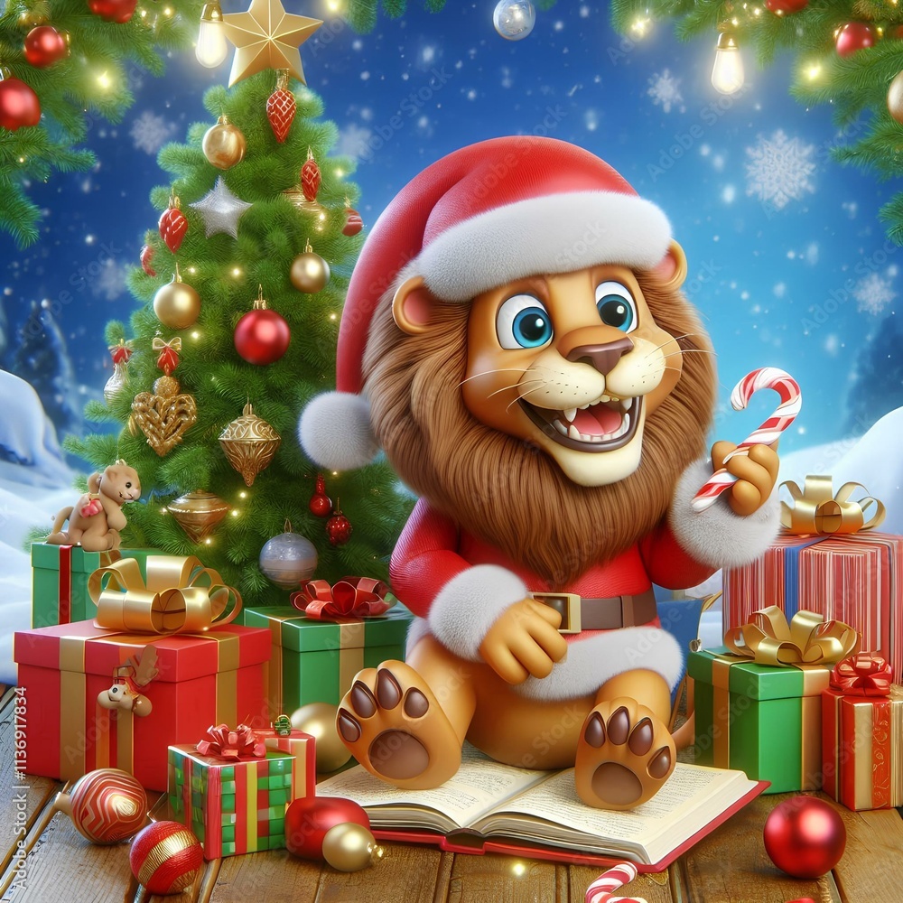 ilustracion donde un tierno leon alegre con el arbol navideño y los regalos ilustracion donde un tierno leon alegre con el arbol navideño y los regalos