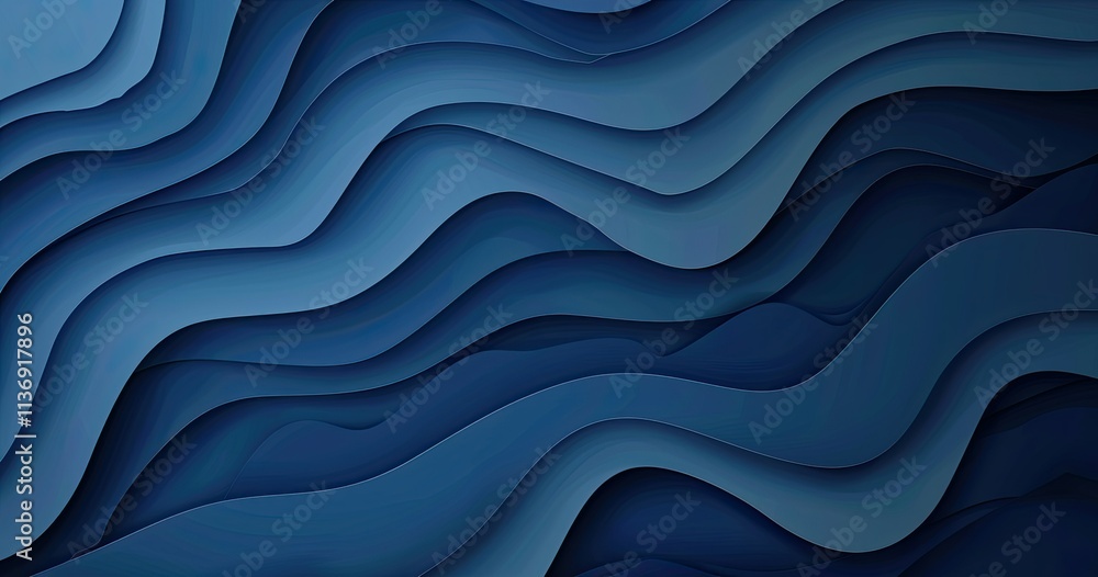 A layered abstract design featuring flowing waves in shades of blue.