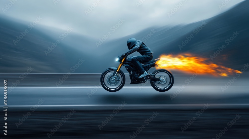 Fototapeta premium a motorcycle mid-jump with its front wheel on fire, leaving a fiery trail in the air