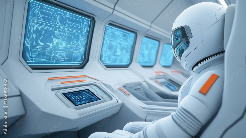 the interior of a futuristic spacecraft, with touch-screen controls, glowing panels the interior of a futuristic spacecraft, with touch-screen controls, glowing panels