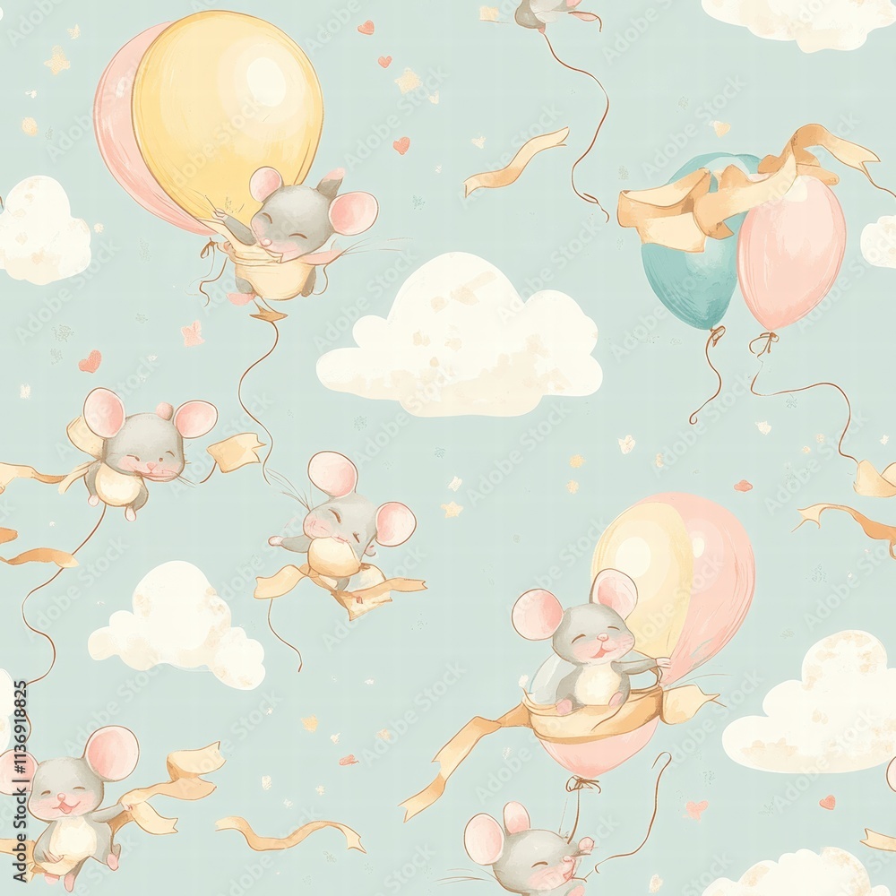 A cheerful design featuring adorable mice soaring with bright balloons, surrounded by soft clouds and fluttering ribbons, perfect for whimsical decor. Generative AI A cheerful design featuring adorable mice soaring with bright balloons, surrounded by soft clouds and fluttering ribbons, perfect for whimsical decor. Generative AI