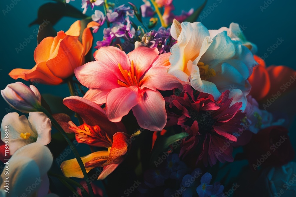 Vibrant and colorful mixed flower bouquet in a stunning still life composition for decoration Vibrant and colorful mixed flower bouquet in a stunning still life composition for decoration