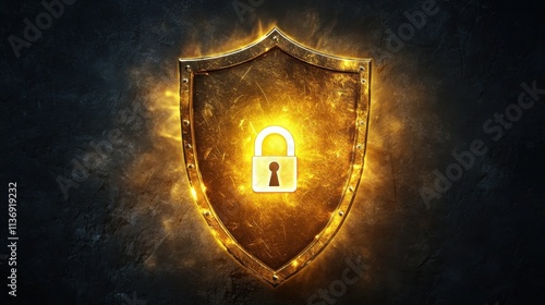 A fiery golden shield, a symbol of strong protection, glows intensely, its center featuring a bright padlock, emphasizing the concept of impenetrable security.
