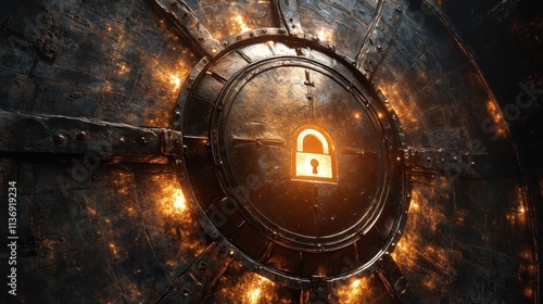 Glowing padlock emblem on a dark, metallic circular vault door.  Intricate details and fiery accents create a dramatic, secure atmosphere.