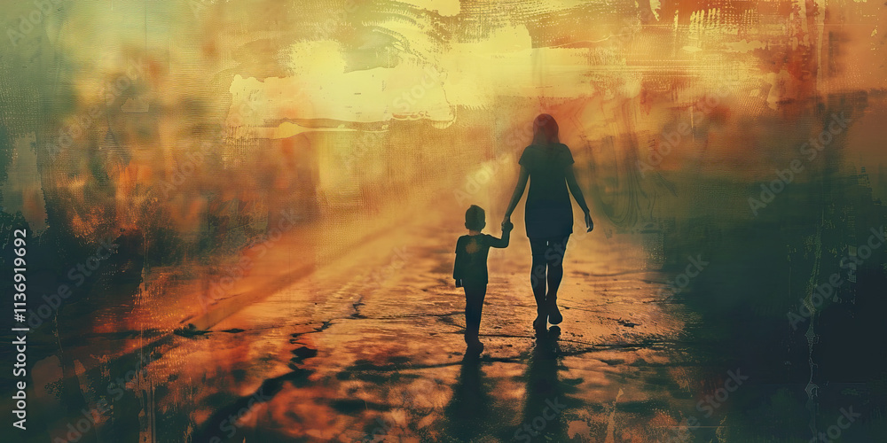 Fototapeta premium Silhouette of Adult and Child Walking on Path