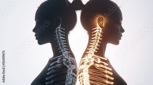 Two women's profile silhouettes with glowing spine and ribcage X-ray.