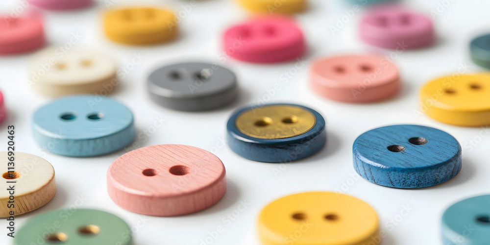 Colorful wooden buttons with metallic accents arranged playfully on a white surface Colorful wooden buttons with metallic accents arranged playfully on a white surface