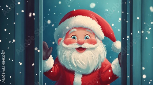 Babbo Natale sorridente mentre spia da una porta socchiusa. Children book style. 500mm. In stile ad alta gamma dinamica, illustrazioni animate  photo