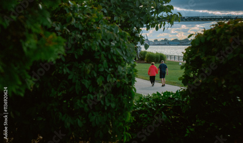 walking in the park by the Detroit River