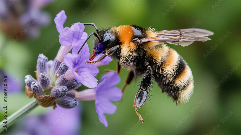 A bumblebee hovering over a lavender flower, its fuzzy body highlighted by soft light A bumblebee hovering over a lavender flower, its fuzzy body highlighted by soft light