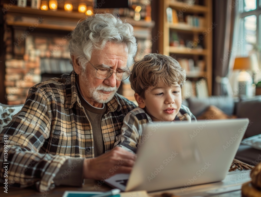 Grandfather and grandson connecting over a laptop, representing family unity and intergenerational learning. Grandfather and grandson connecting over a laptop, representing family unity and intergenerational learning.