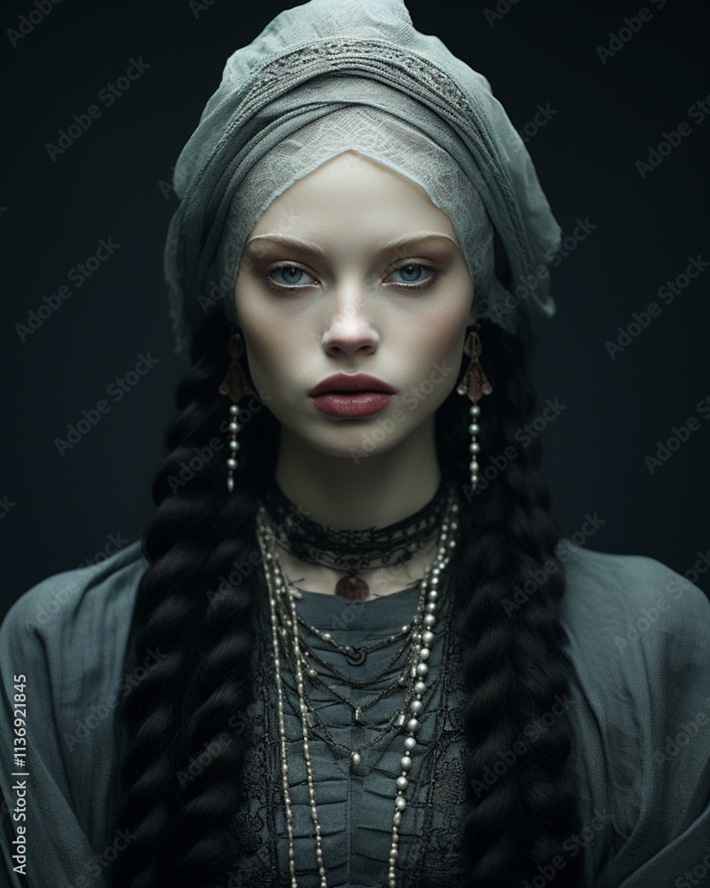 A striking portrait of a woman dressed in medieval-inspired clothing with intricate braids and layered jewelry. Her piercing gaze and soft lighting give a historical and noble appearance. A striking portrait of a woman dressed in medieval-inspired clothing with intricate braids and layered jewelry. Her piercing gaze and soft lighting give a historical and noble appearance.