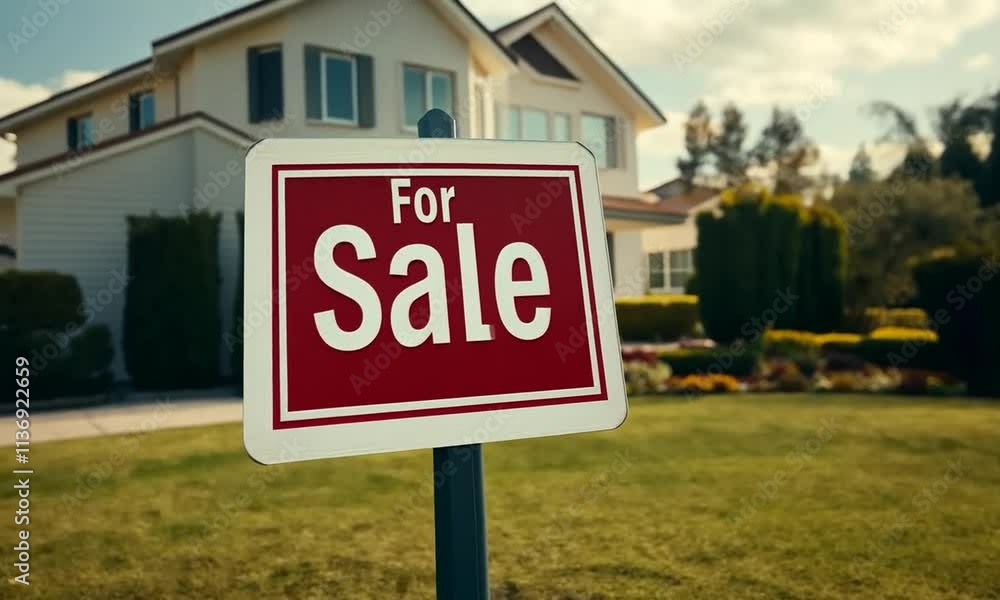 House for sale sign in front yard. House for sale sign in front yard.