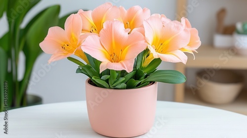 Wallpaper Mural Blooming peach alstroemeria in pastel pot on minimalist table Torontodigital.ca