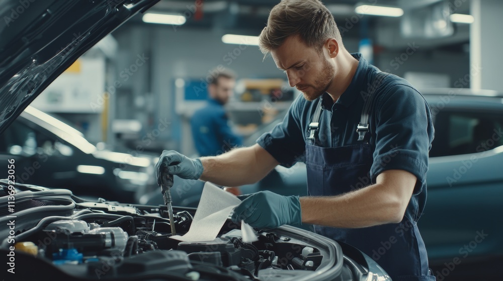 Mechanic in overalls focused on engine cleaning amid modern auto service garage activities Mechanic in overalls focused on engine cleaning amid modern auto service garage activities